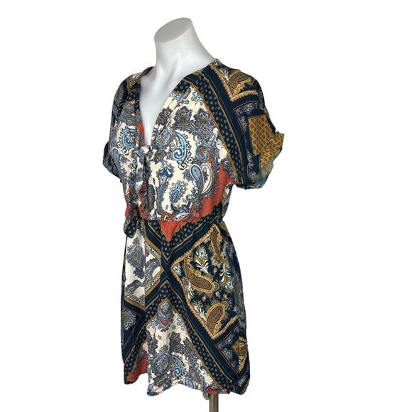 H&M Multicolor Handkerchief Scarf Paisley Tie V-Neck Short Sleeve Mini Dress 2 - Picture 2 of 8
